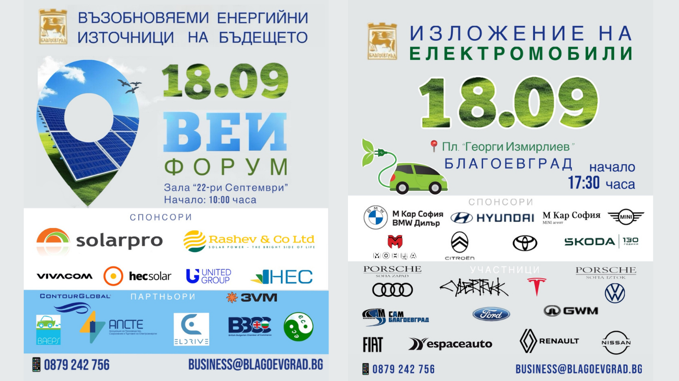 Форум „Възобновяеми енергийни източници на бъдещето" и изложение на електромобили на 18 септември в Благоевград